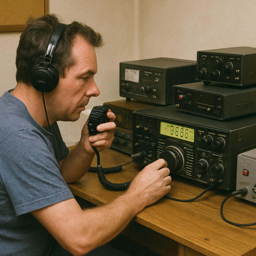 Amateur radio operator using equipment