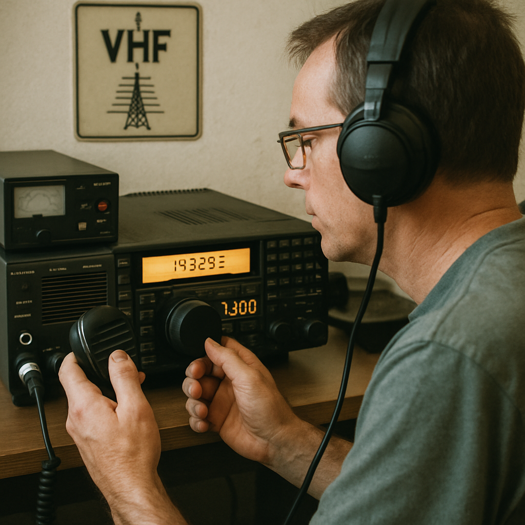 Ham radio operator adjusting VHF equipment