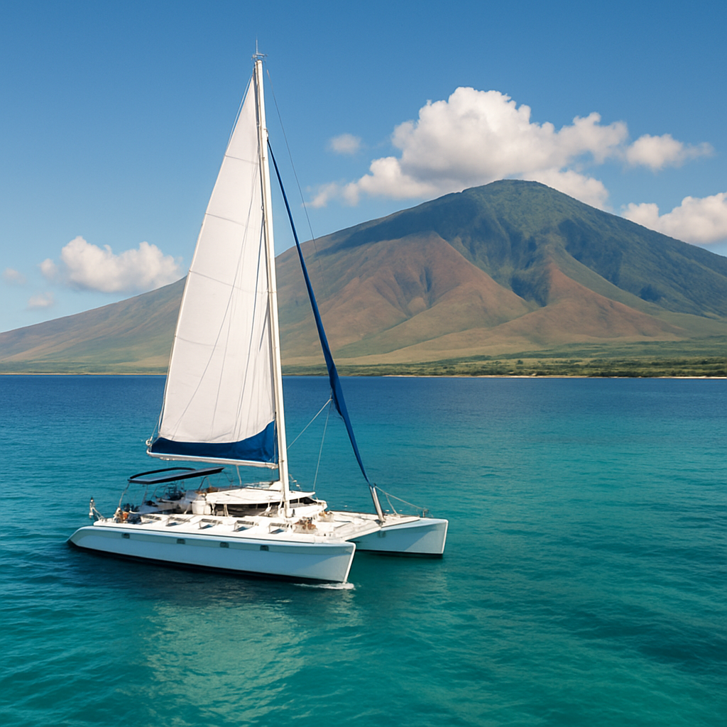 A beautiful catamaran sailing in the clear waters of Maui