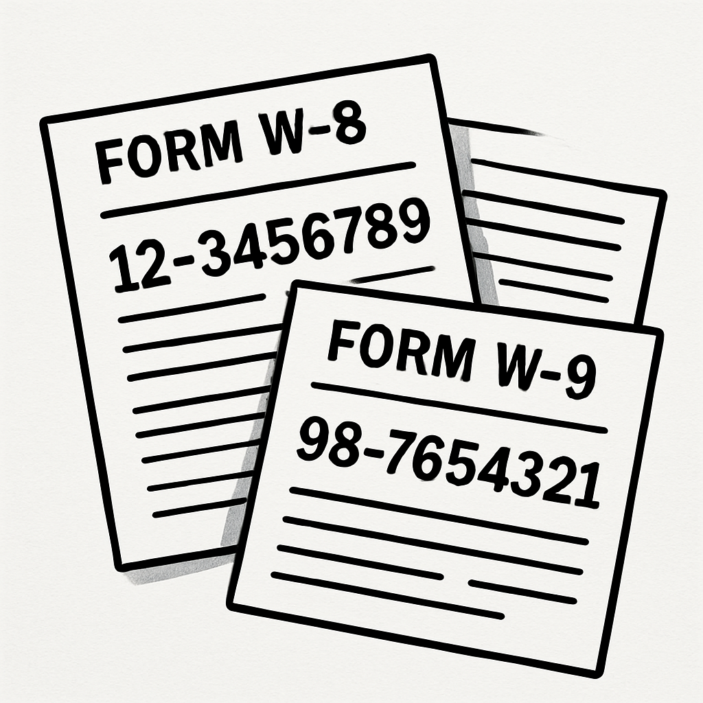 Illustration of W8 and W9 forms with identification numbers