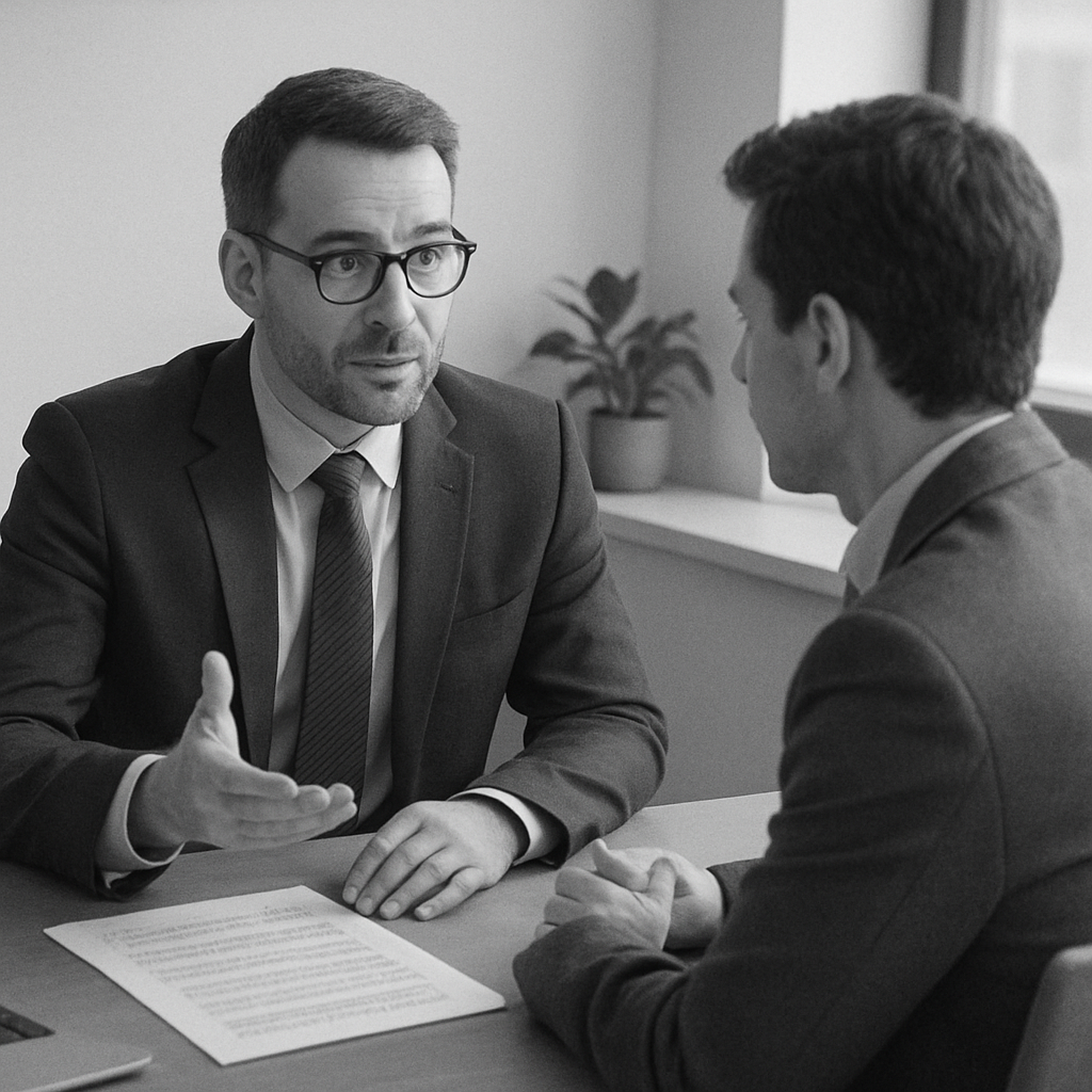 Patent broker discussing strategy with a client