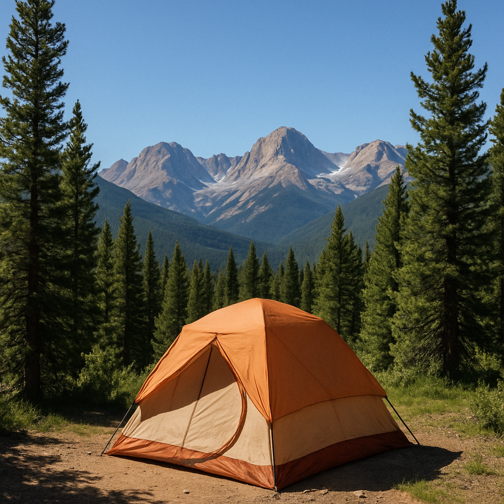 A tent pitched in the Rockies, surrounded by pine trees and a clear blue sky.