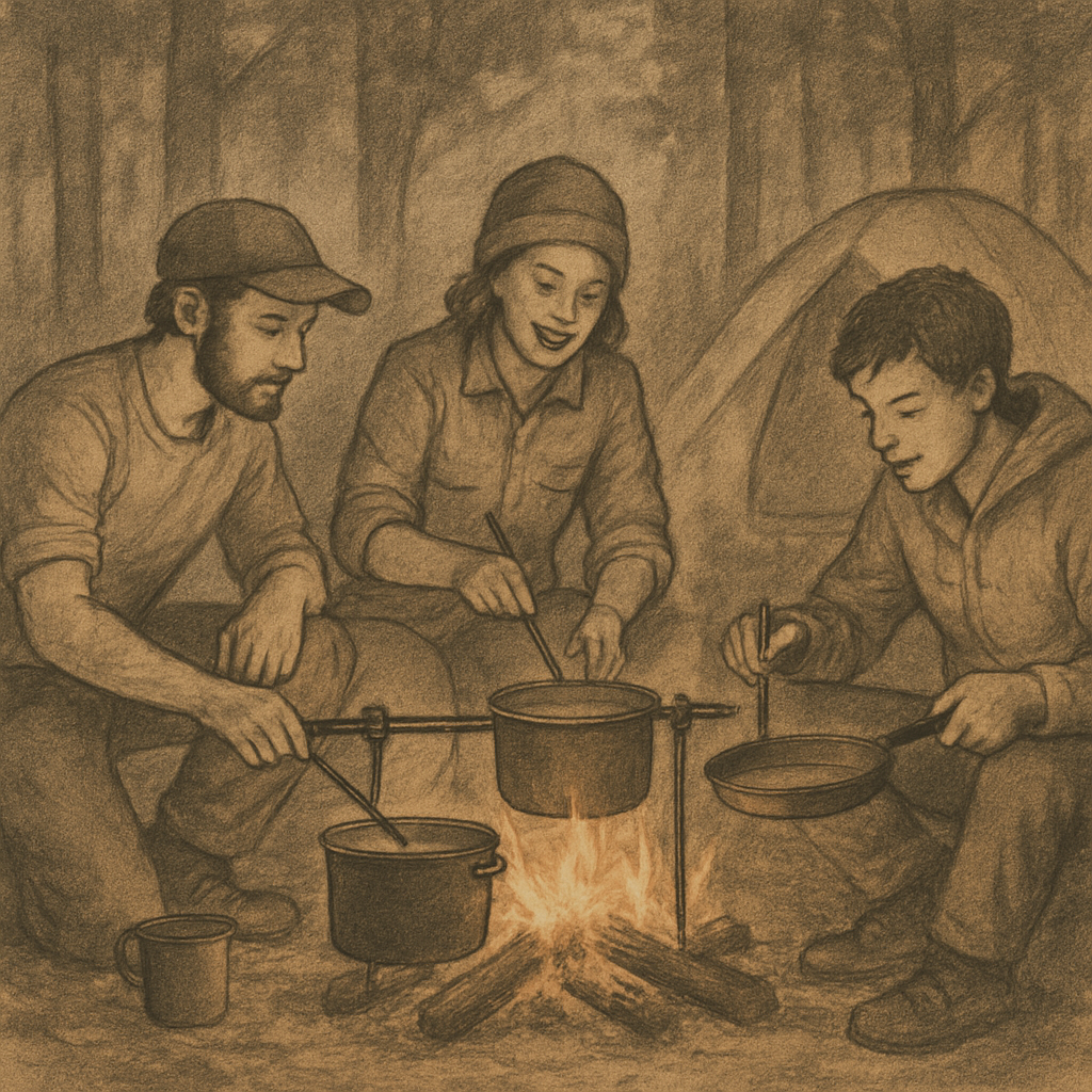 Campers cooking over an open fire, with pots and utensils in use.