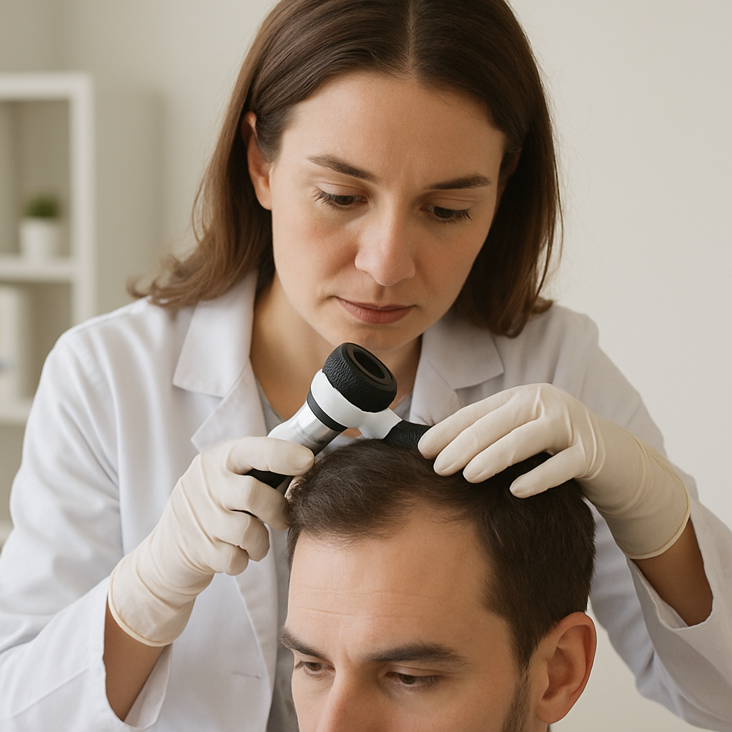 Dermatologista examinando o couro cabeludo de um paciente