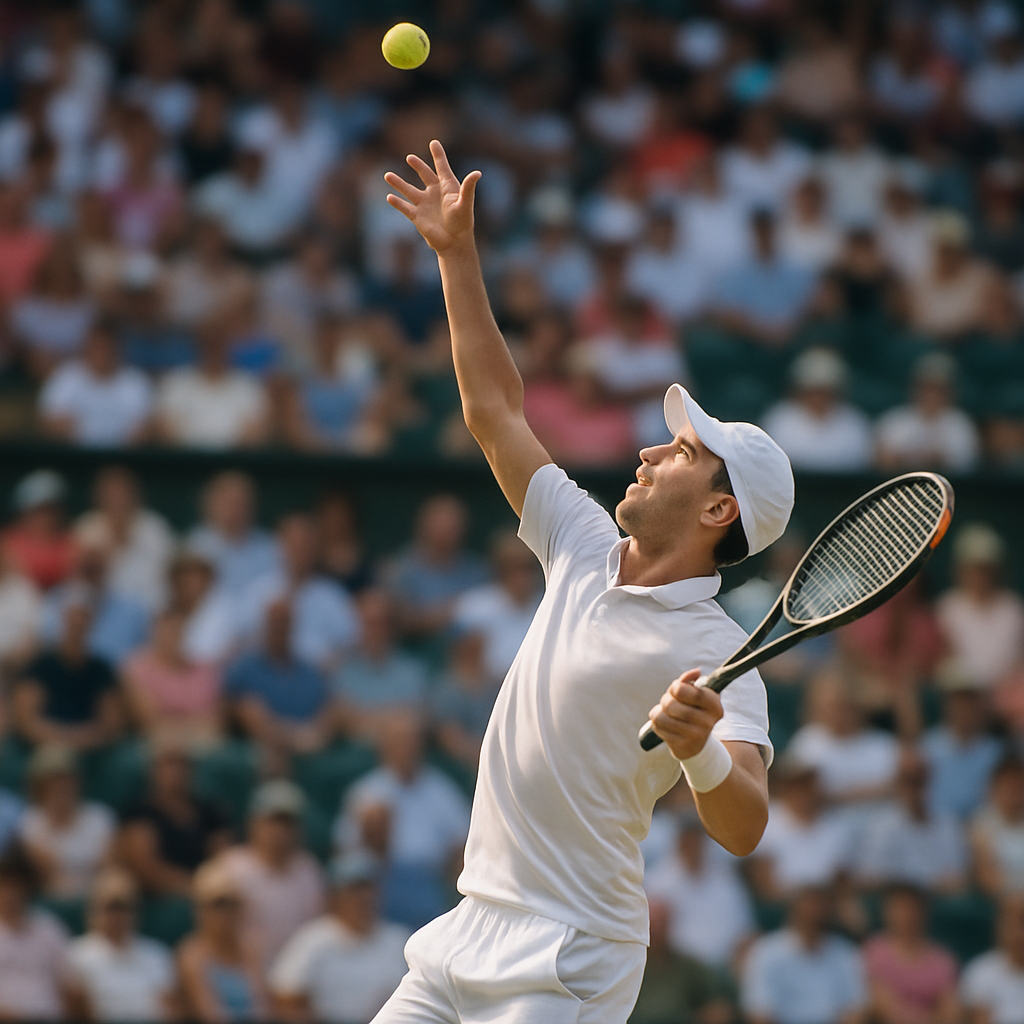 Tennis player serving with crowd in background