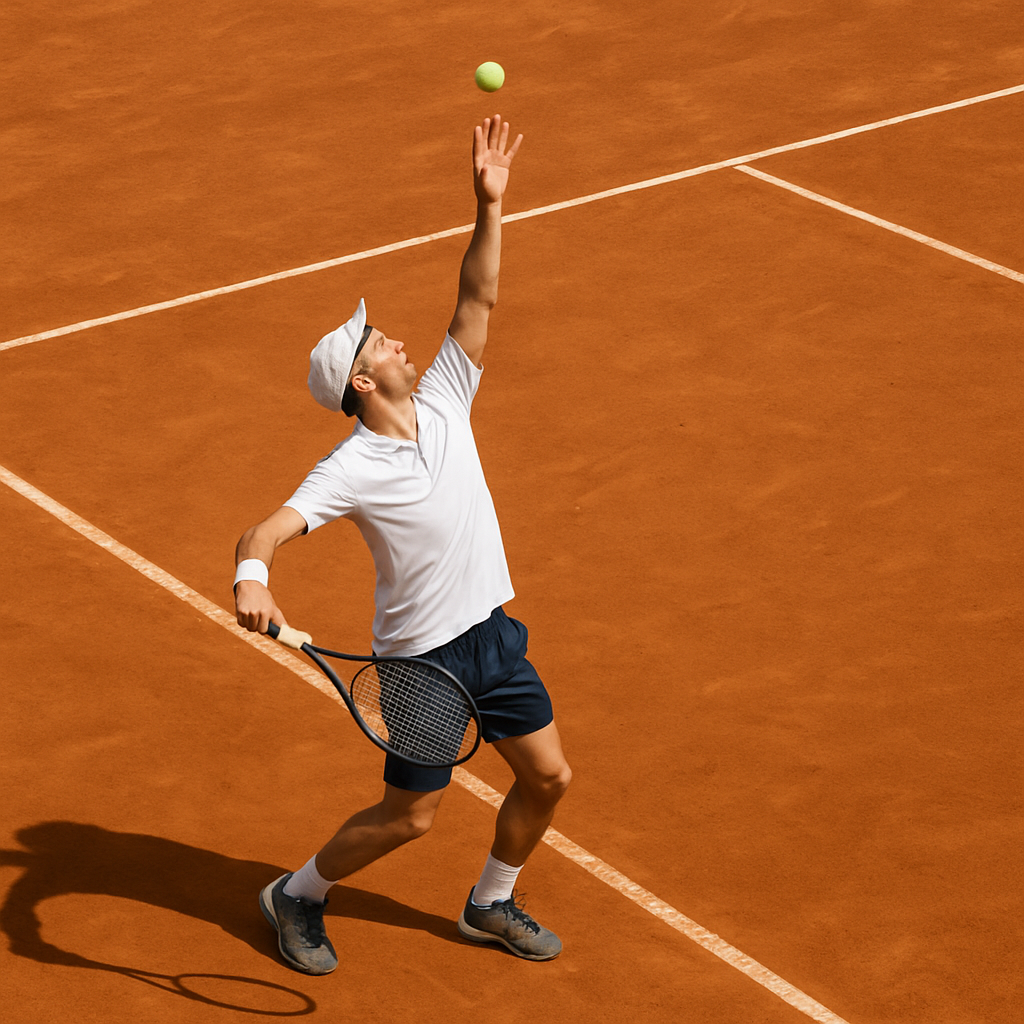 Tennis player serving on a clay court