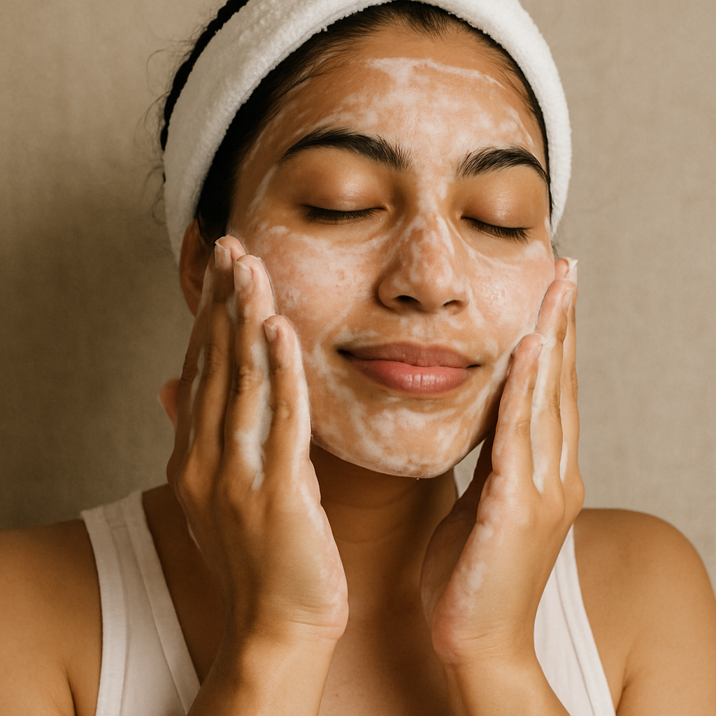 Step-by-step routine with cleanser, serum, moisturizer