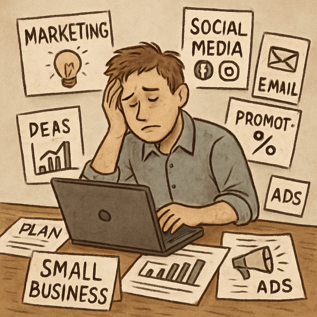 Struggling small business owner overwhelmed with marketing tasks