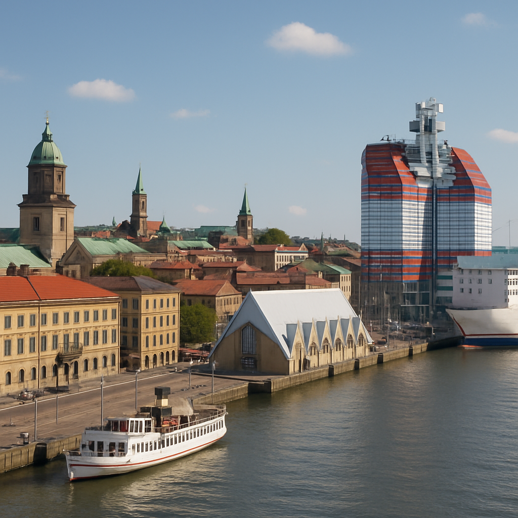 View of Gothenburg's waterfront and cityscape with prominent landmarks