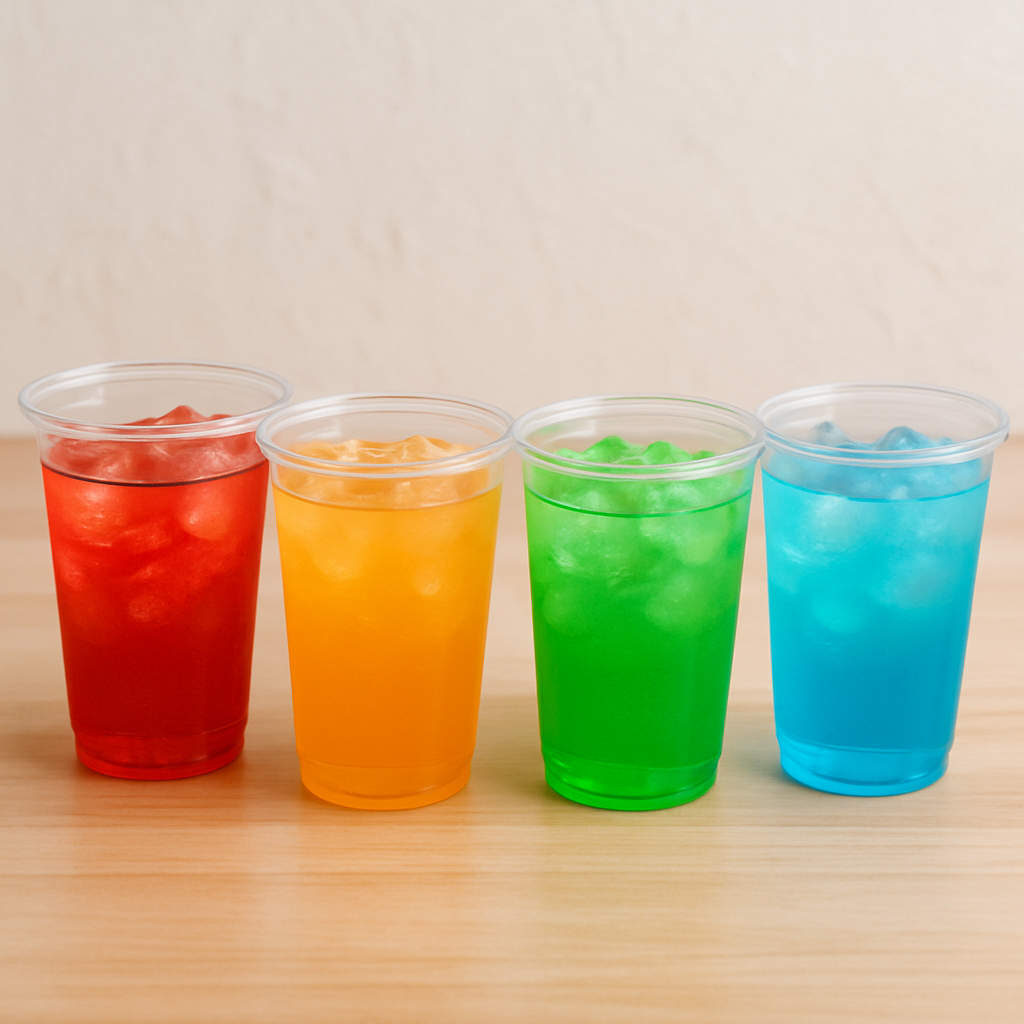 Acrylic cups filled with colorful beverages