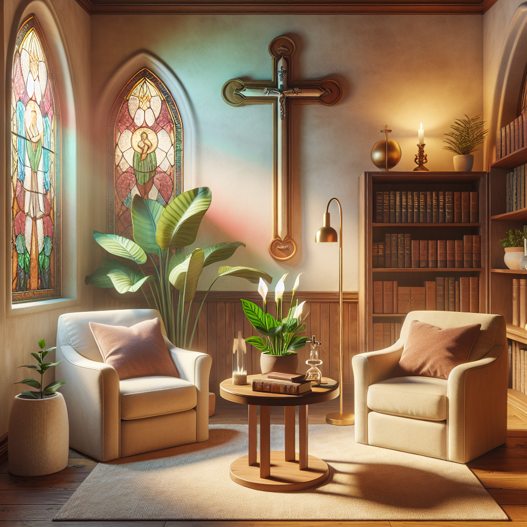 Photo of room with stainglass windows, a cross, and books. 