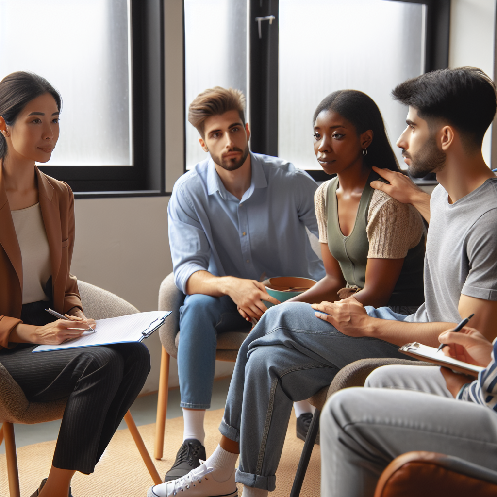 A group of people sitting in a group supporting each other.