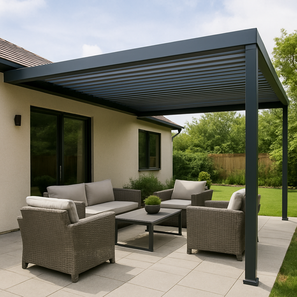 Modern patio roof with outdoor seating