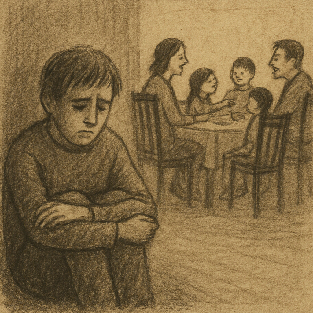 A lonely person sitting apart from a family gathering