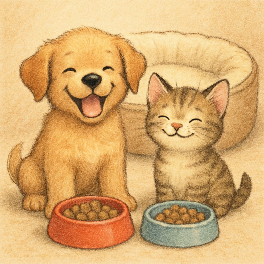 A happy puppy and kitten with food bowls and a cozy bed