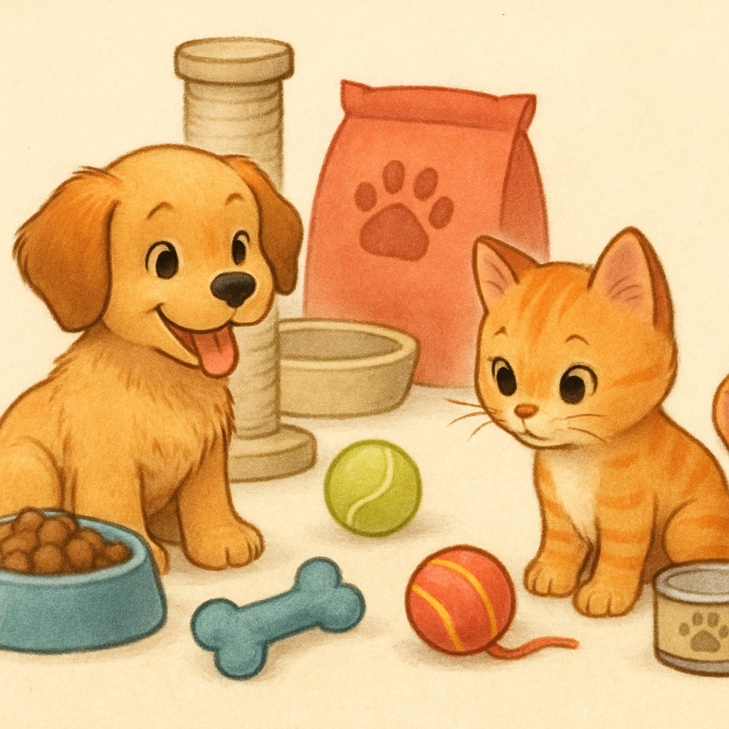 A playful puppy and curious kitten surrounded by pet supplies