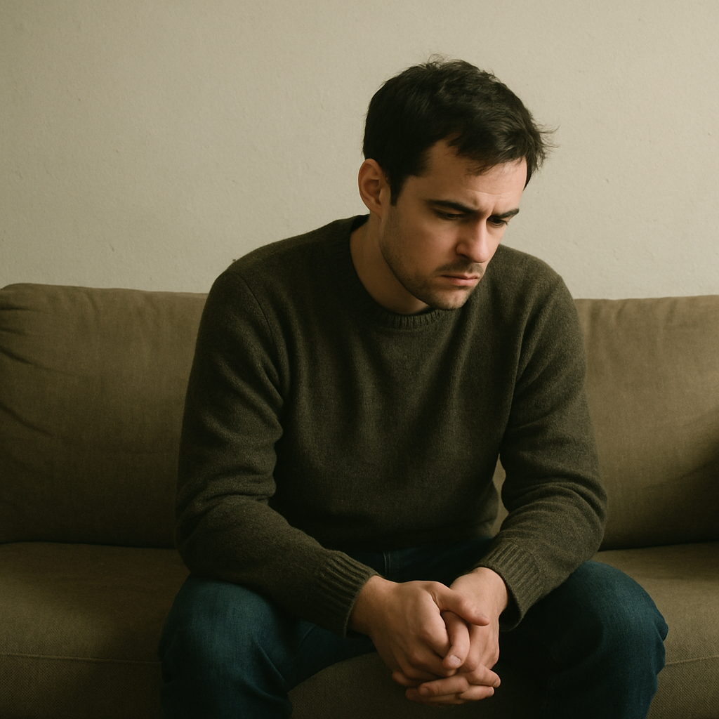 A person sitting alone, appearing pensive and withdrawn