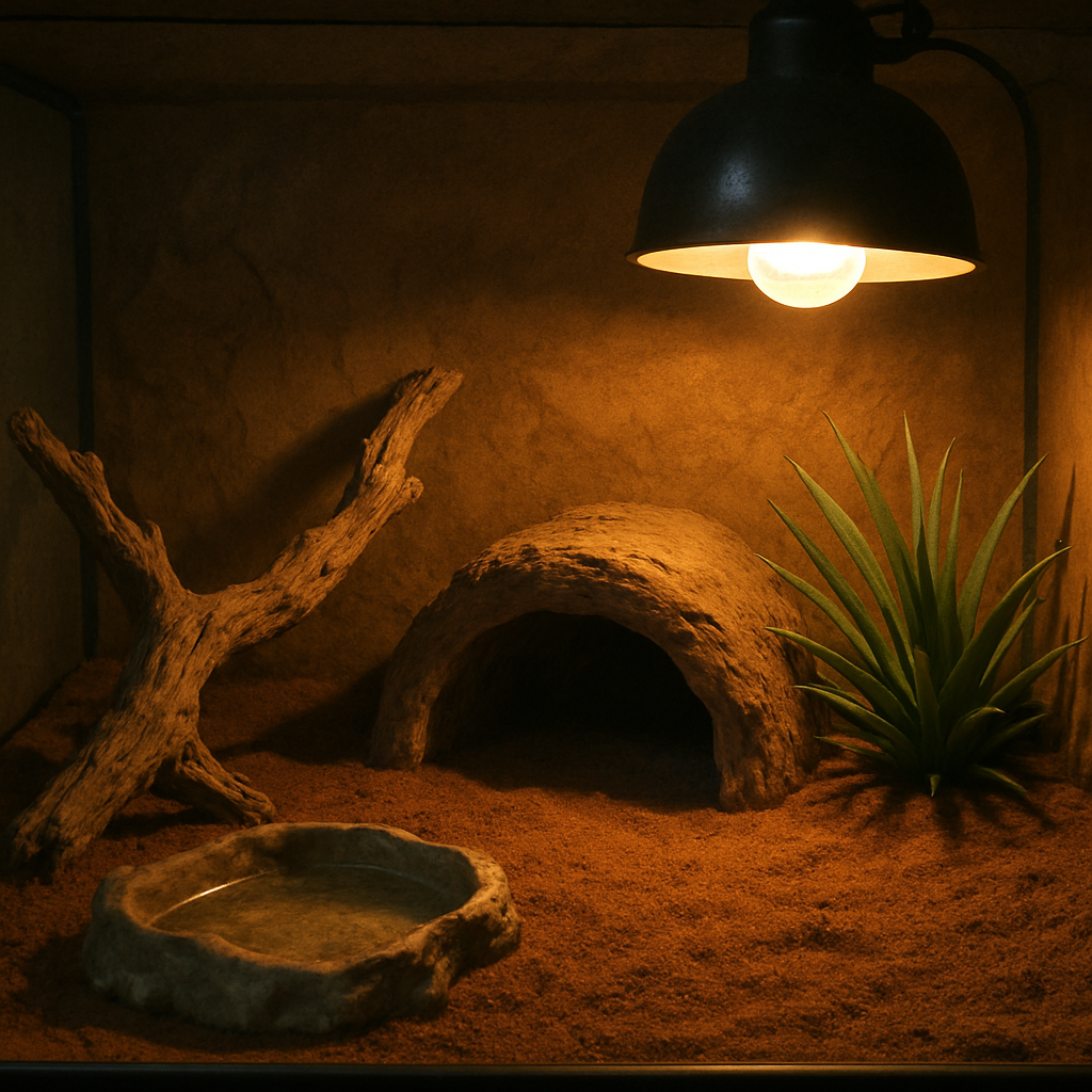 A cozy terrarium setup for reptiles with a heat lamp