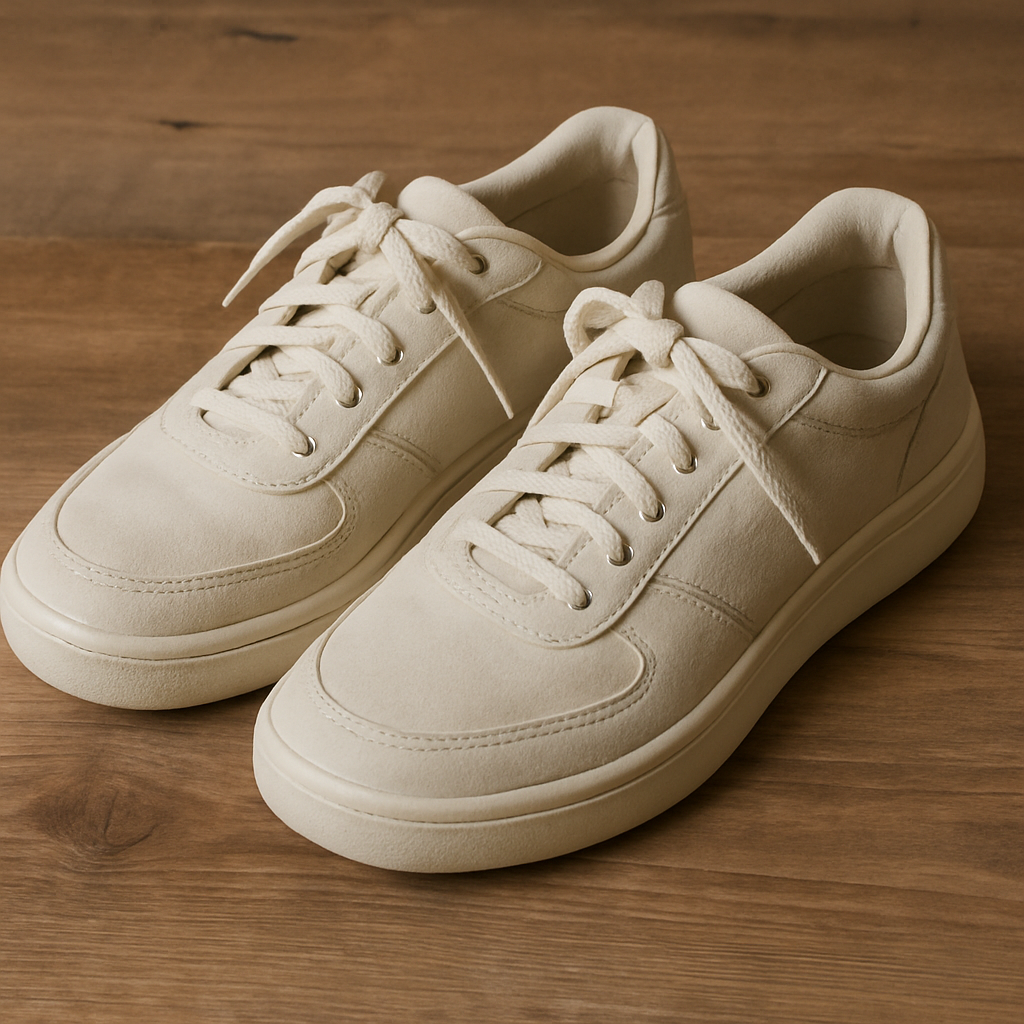 Pair of comfortable shoes on a wooden floor
