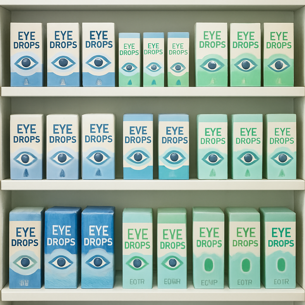 Pharmacy shelves with eye drops