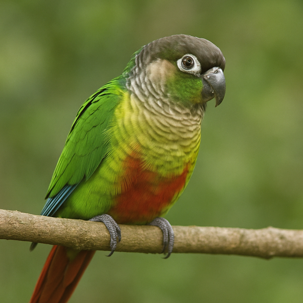 Green cheek conure perched on a branch