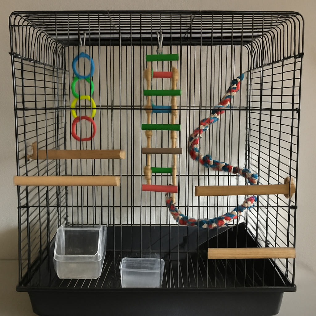 Well-arranged bird cage with toys and perches