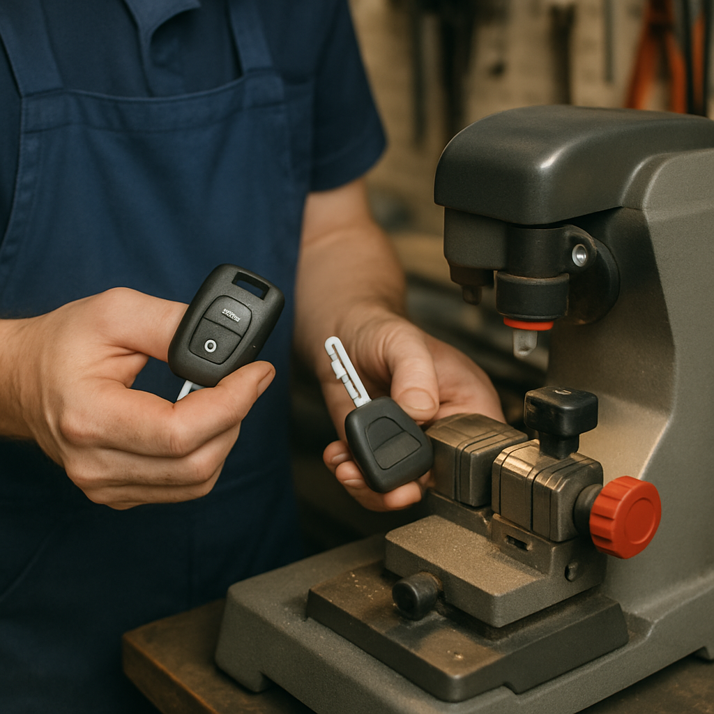 A locksmith making a new car key