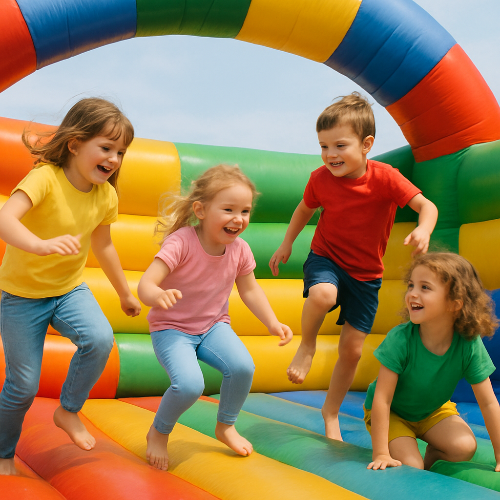 Kinder, die auf einer großen bunten Hüpfburg spielen