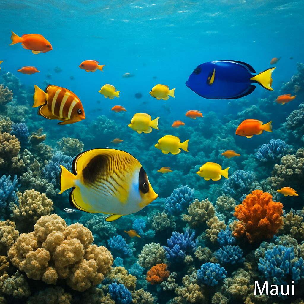 A vibrant underwater scene with colorful fish and coral reefs in Maui