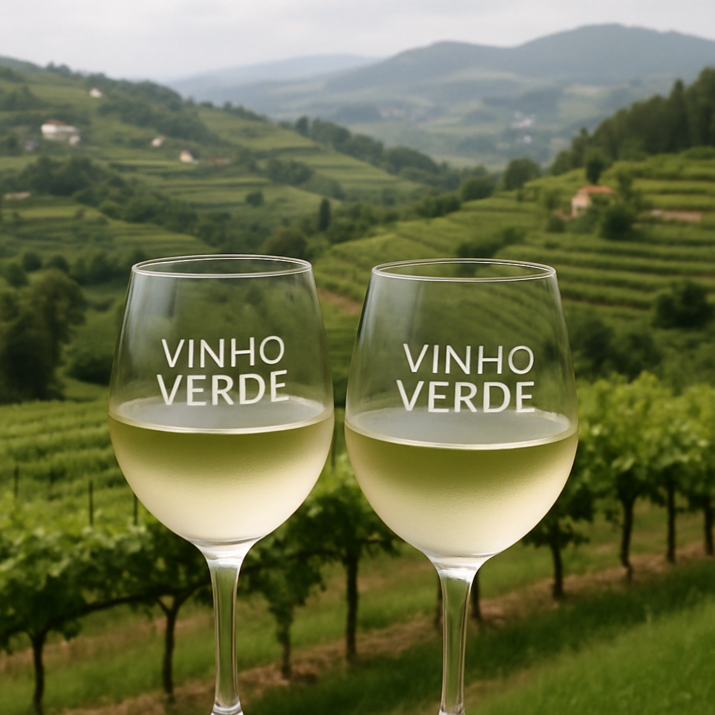 Glasses of Vinho Verde wine set against the Minho region's vineyards