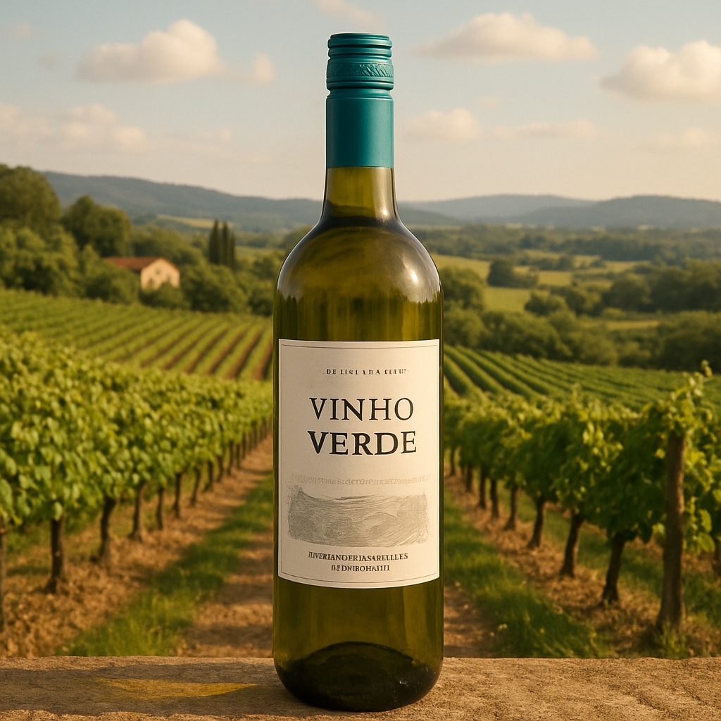 A bottle of Vinho Verde wine with a scenic vineyard background