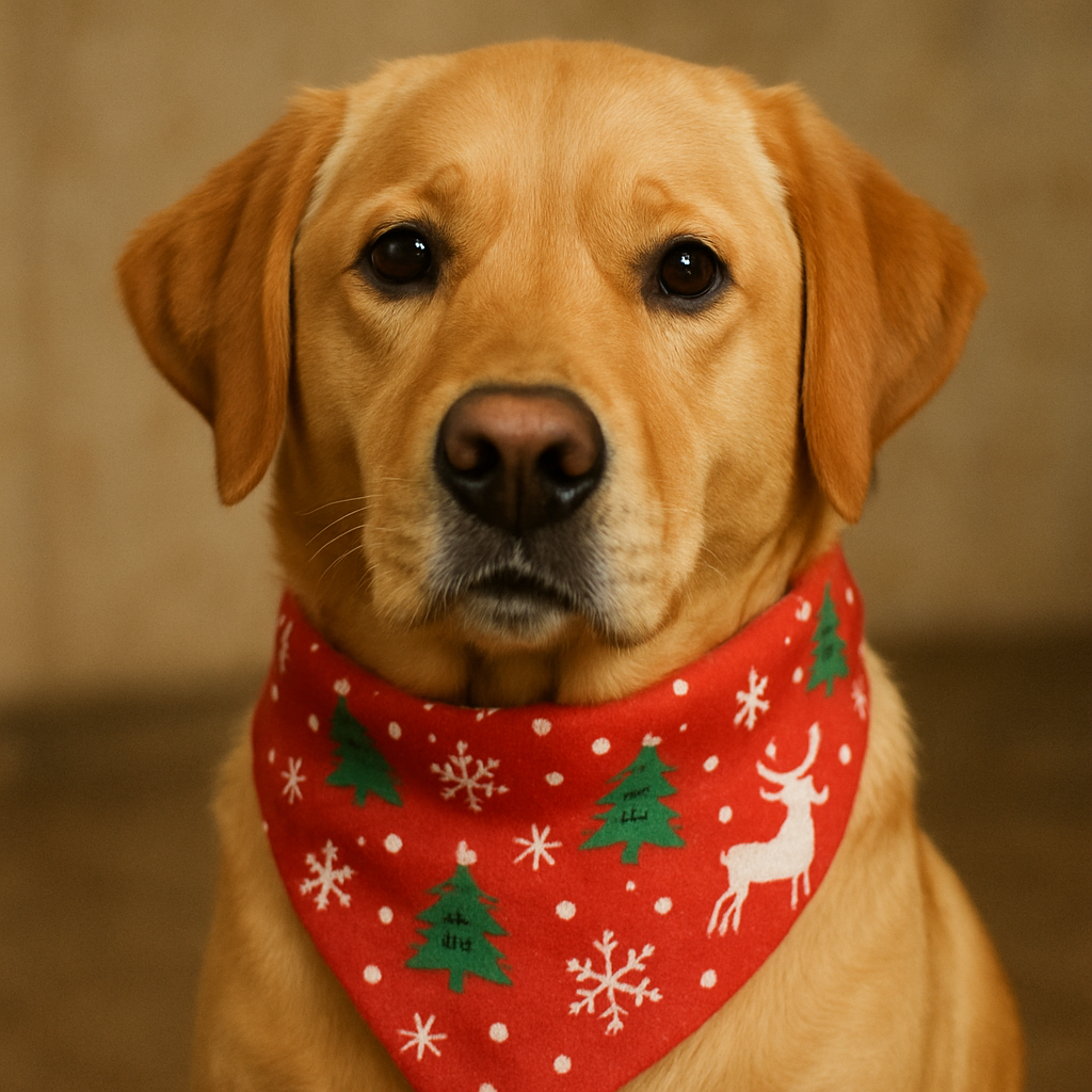 Dog wearing a Christmas kerchief