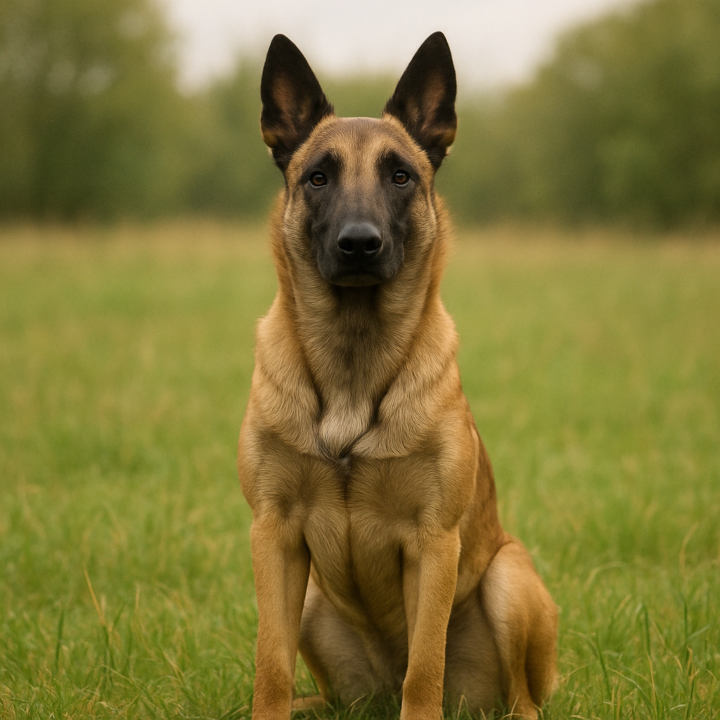A Belgian Malinois sitting attentively in a grassy field