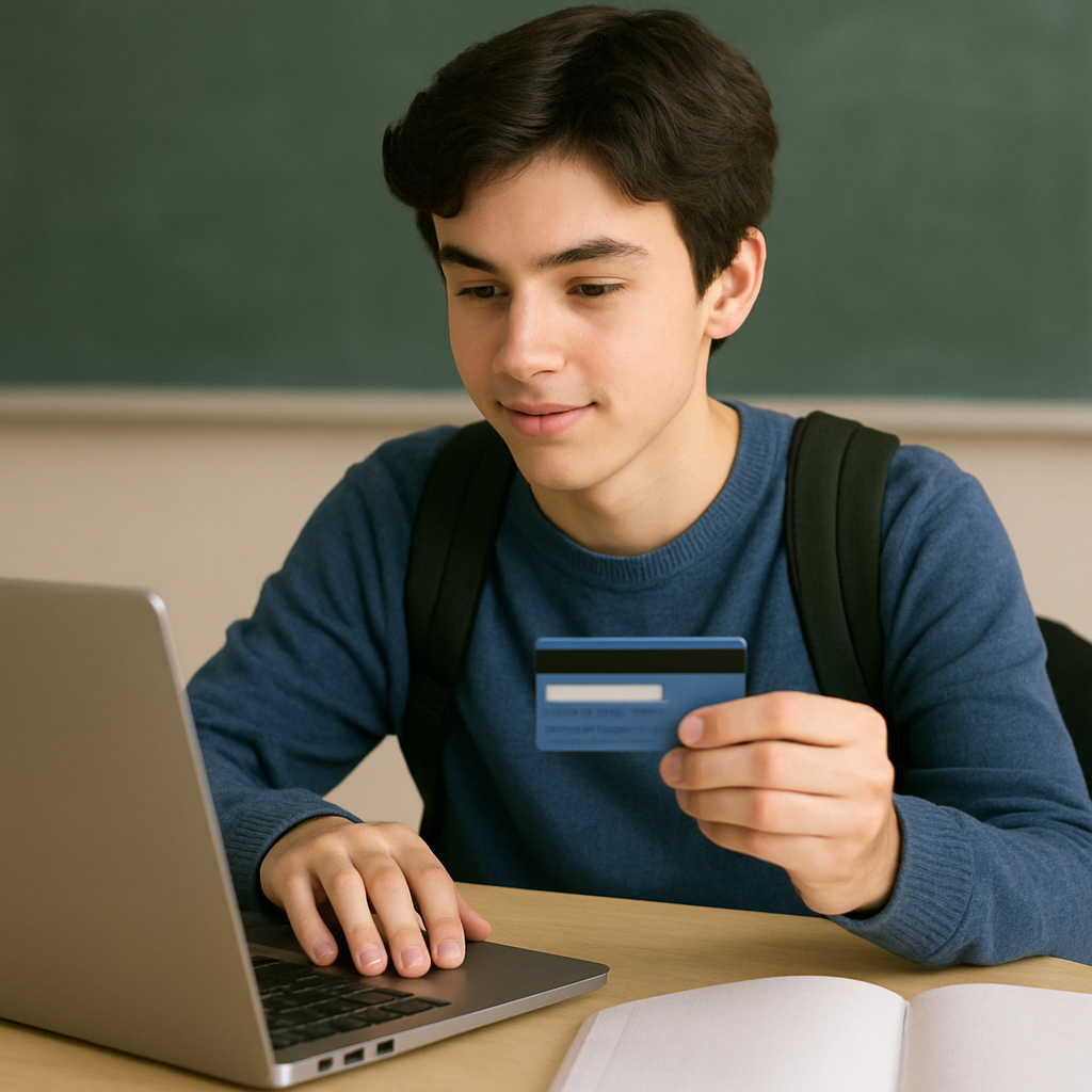 student using laptop with credit card