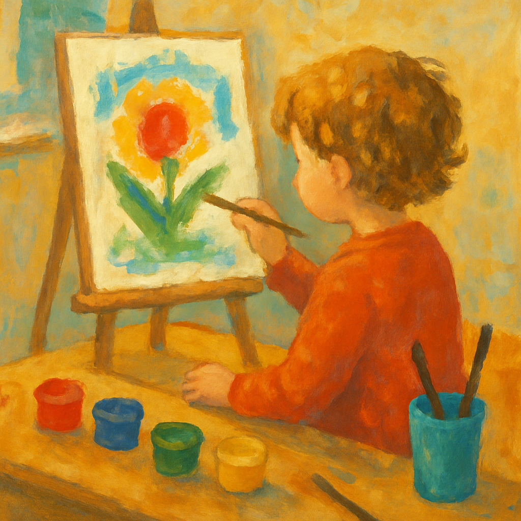 Child painting at an art station