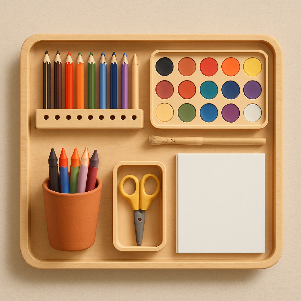 Montessori art supplies neatly organized