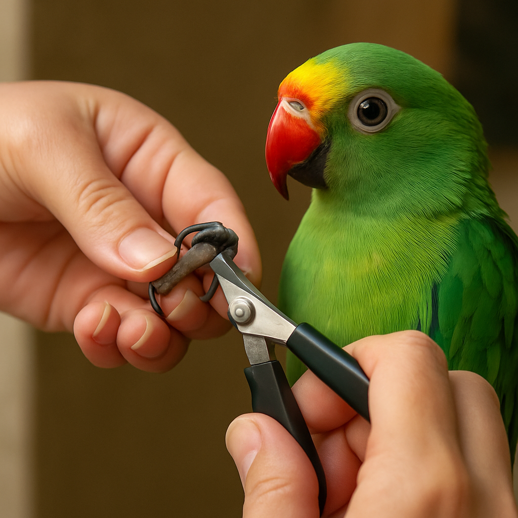 Groomer carefully trimming parrot's nails
