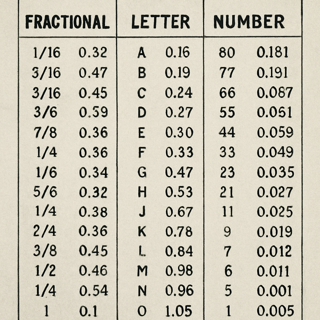 Drill bit diameter chart