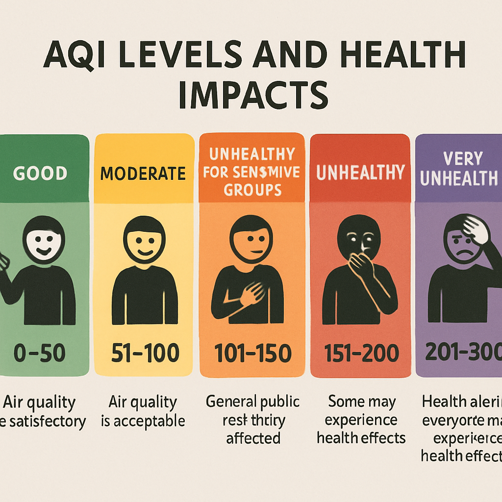 Visual representation of AQI levels and health impacts