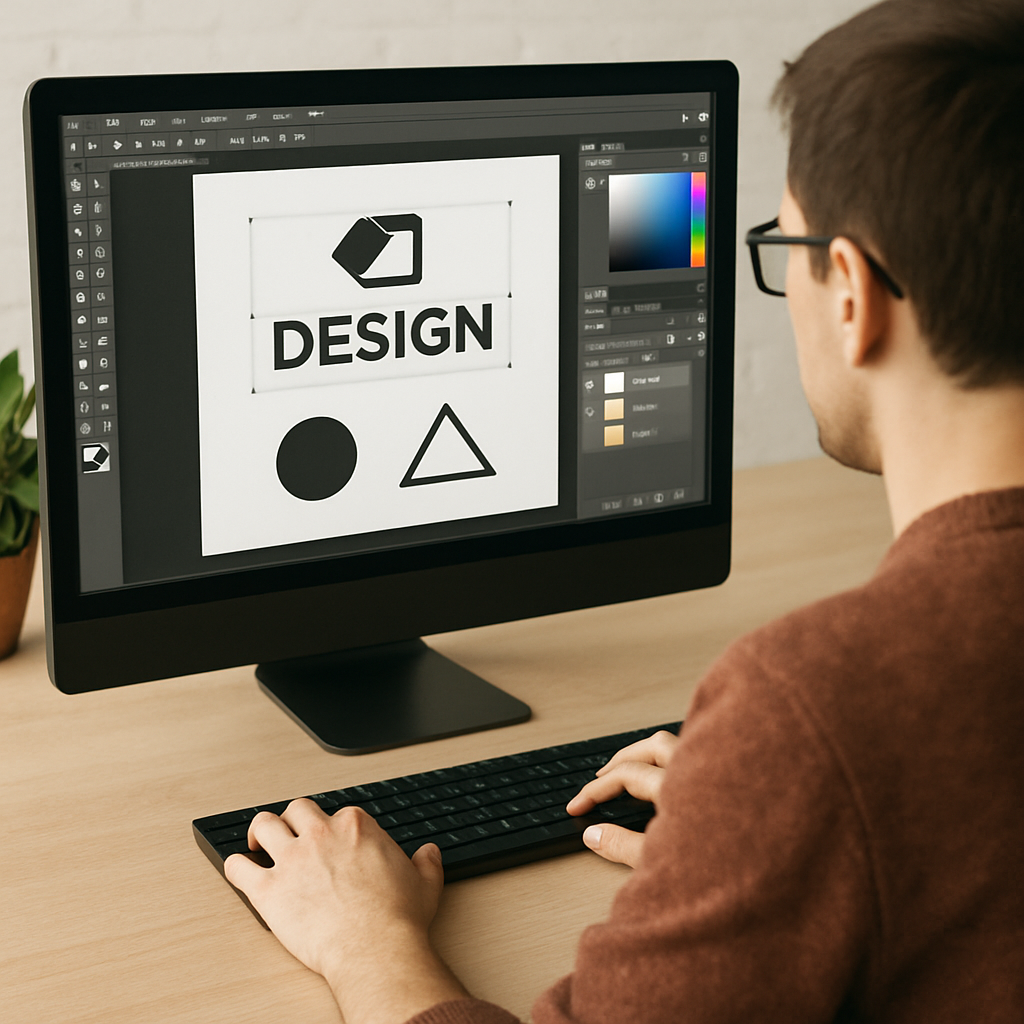Graphic designer working on a computer with design software