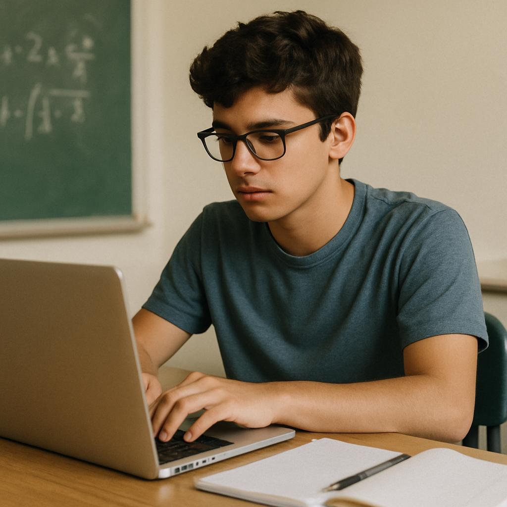 A student typing on a laptop at a desk