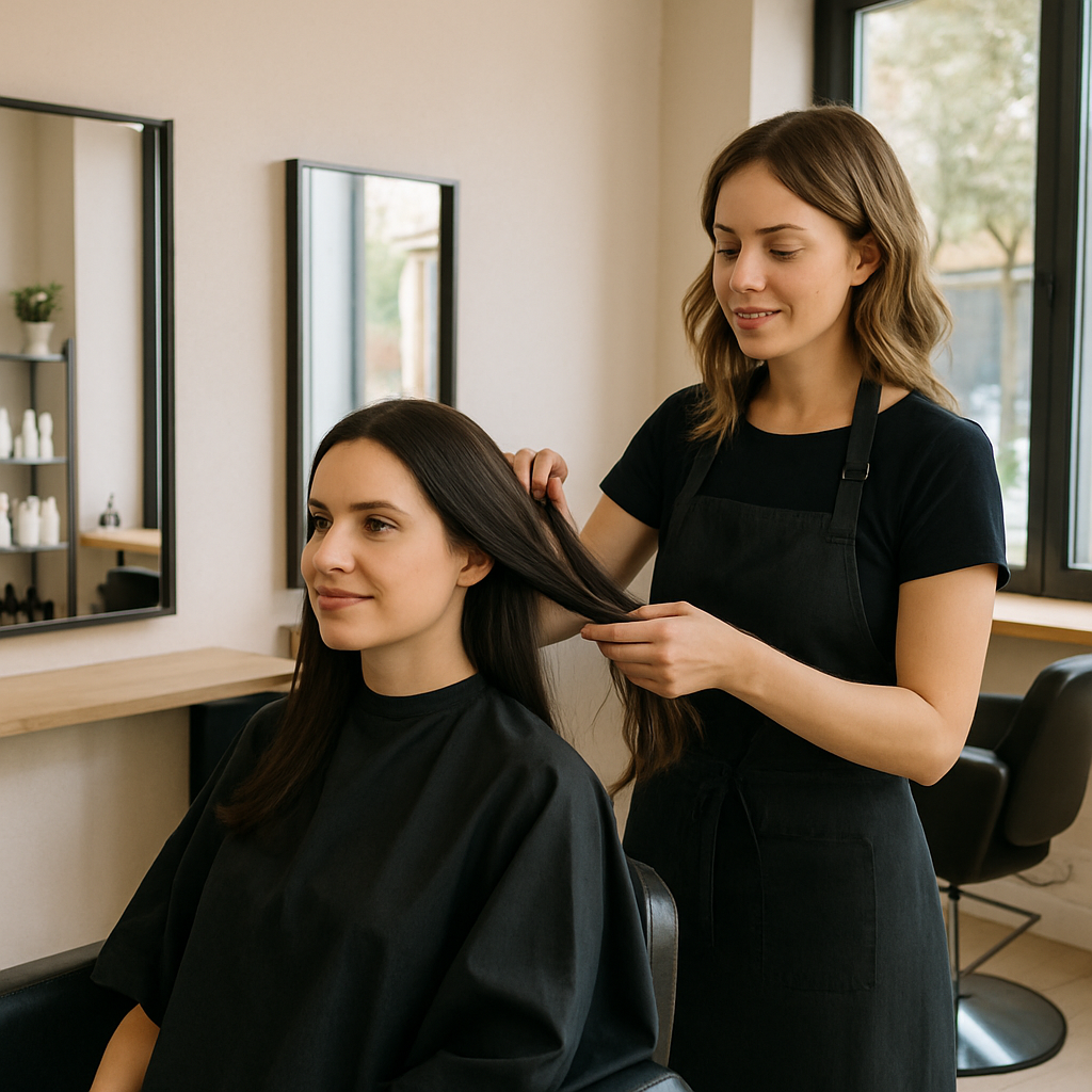Hair salon interior with stylist and client