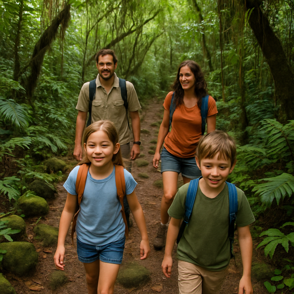 Family hiking in a Maui rainforest