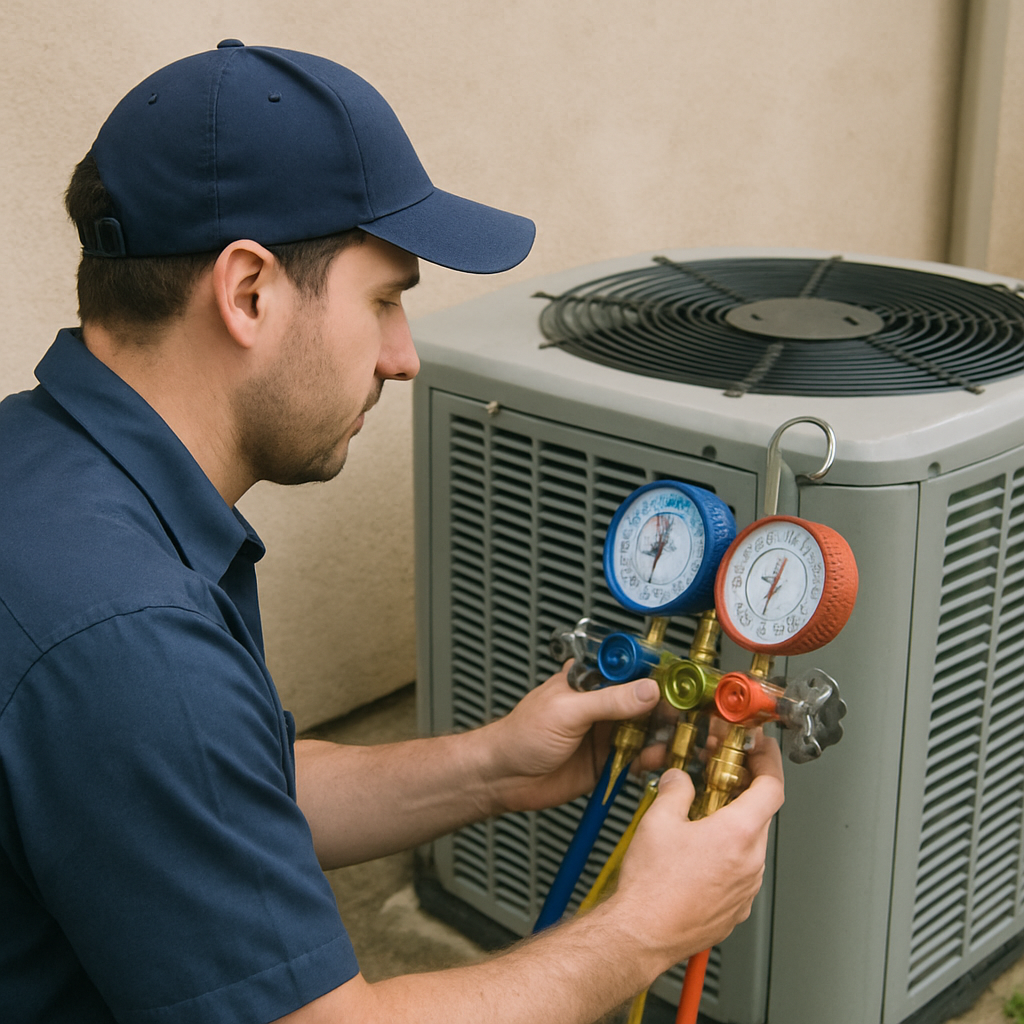 Technician checking refrigerant levels in AC unit