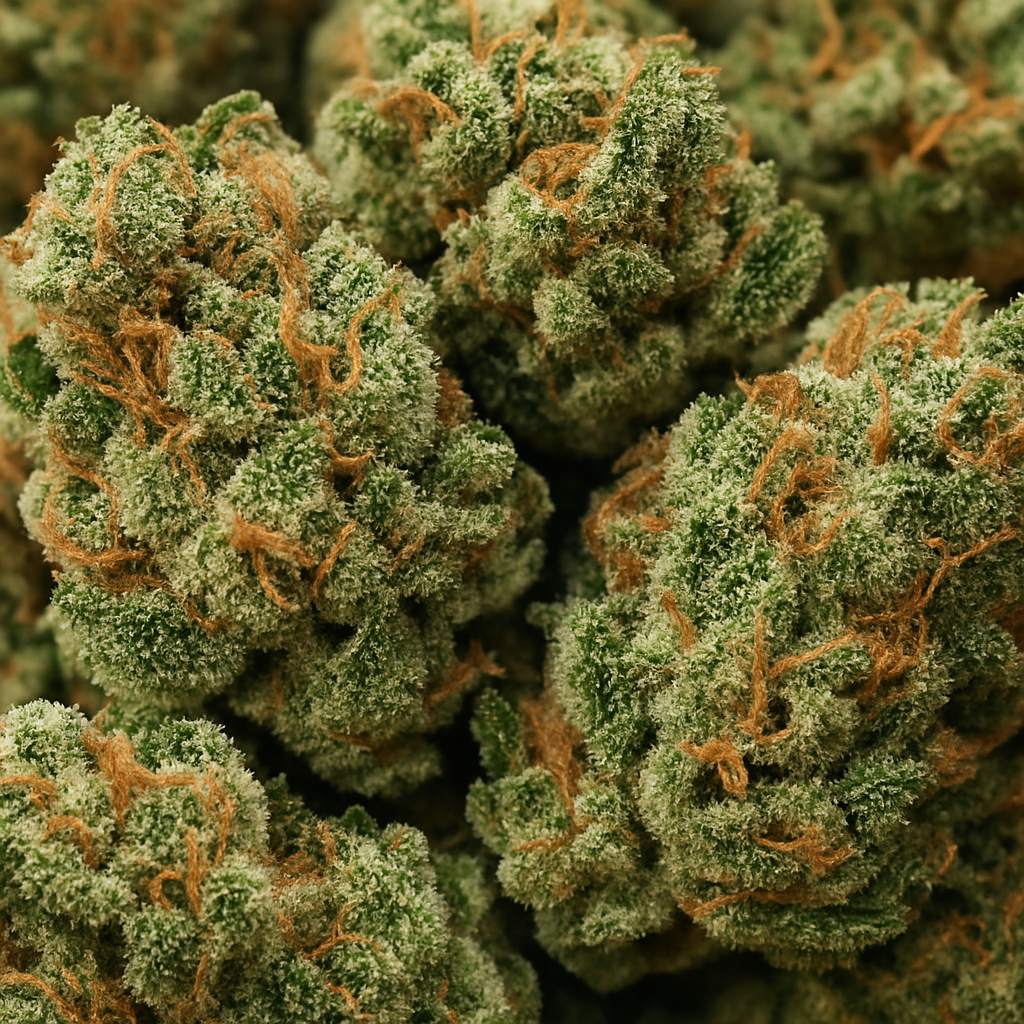 Close-up of dense cannabis buds with trichomes