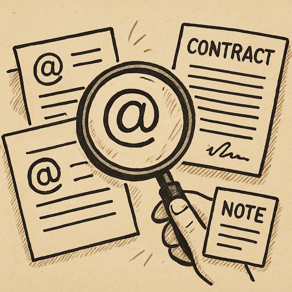 Illustration of gathering evidence such as emails, contracts, and notes