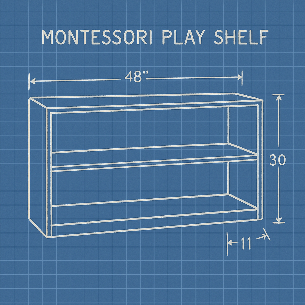 Blueprint of a Montessori play shelf with dimensions