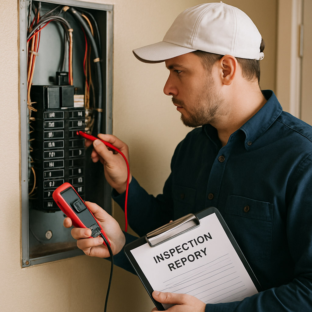 A home inspector examining the electrical system of a house