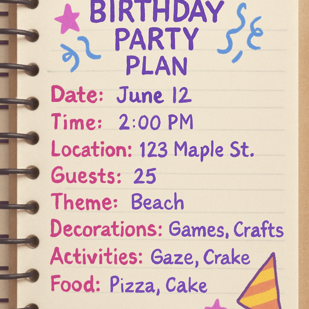 Planner with birthday party details