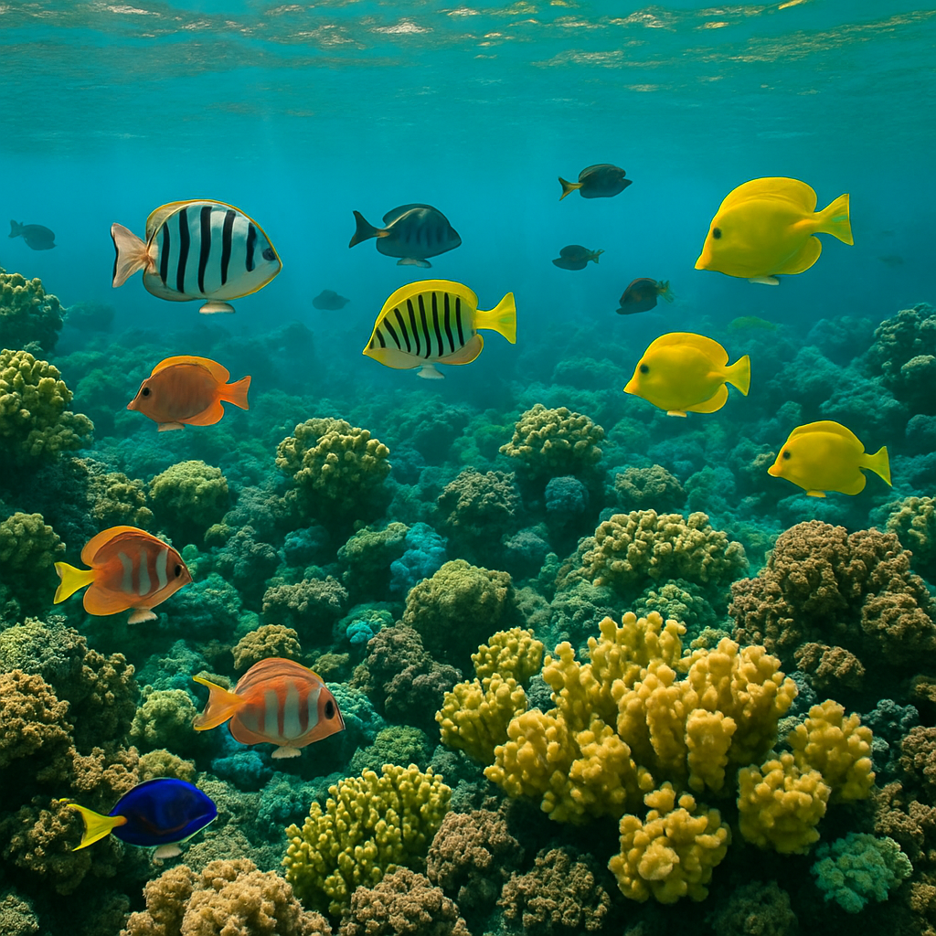 A vibrant underwater scene with coral reefs and tropical fish in Maui